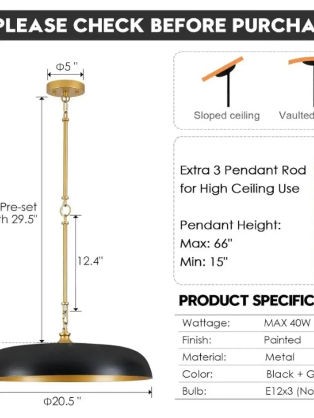 20in Black and Gold Dome Pendant Light